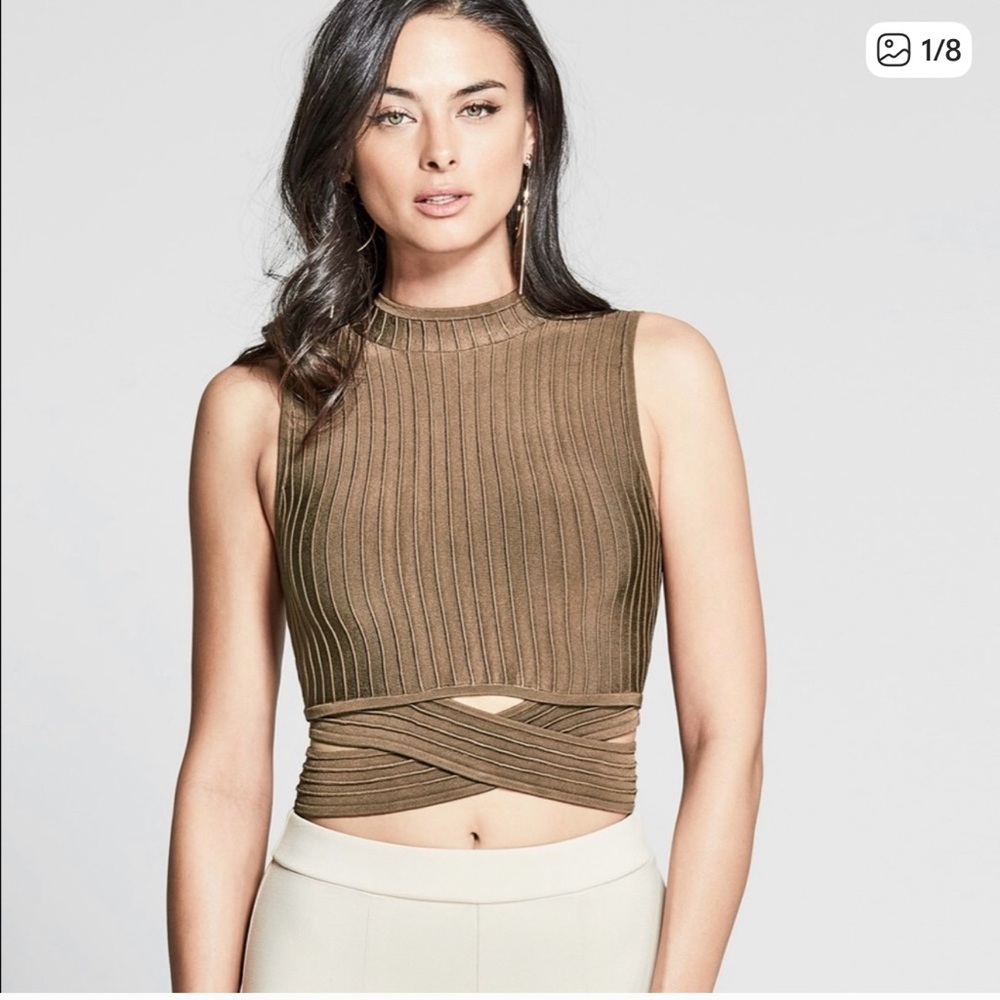 Marciano Olive Ribbed Wrap Crop Tank Top